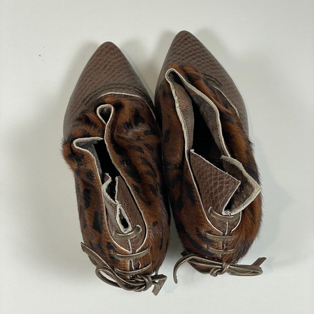 Irregular Choice Tie Up Leopard Print Fur Leather Bootie Brown 36 Pointed Toe - Picture 3 of 9